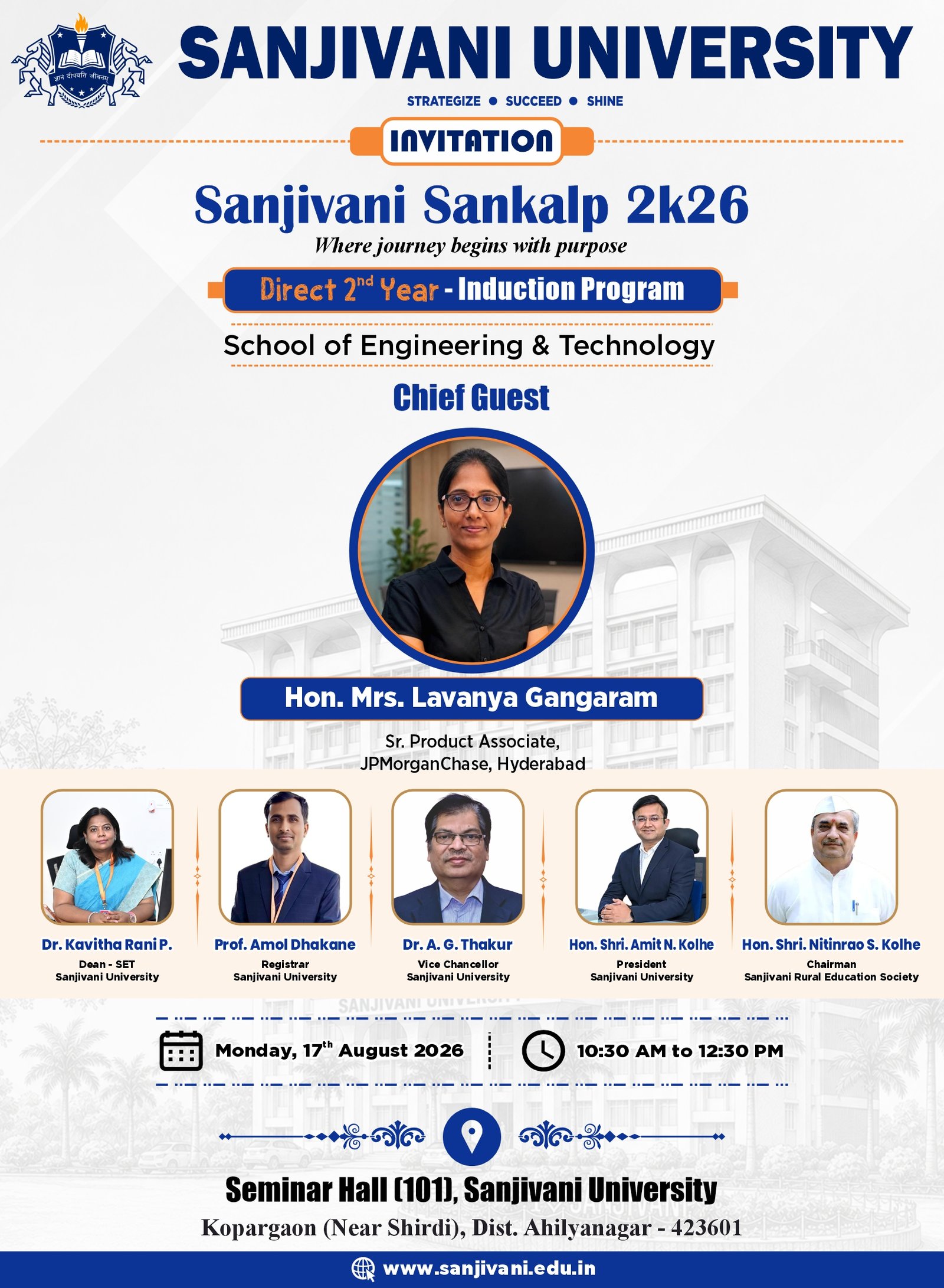 Sanjivani University to Organize ‘Sanjivani Sankalp 2K26’ Direct 2nd Year Induction Program